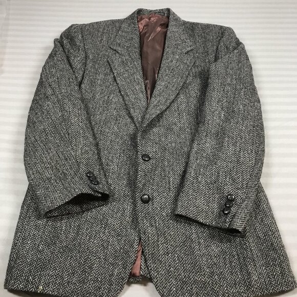 Harris Tweed Blazer Mens 42 Long Gray Herringbone Wool Sport Coat Made Scotland - Picture 1 of 16